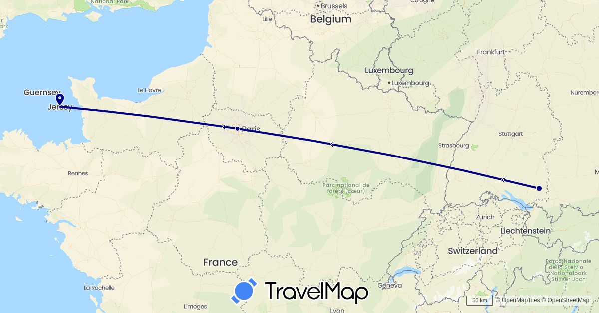 TravelMap itinerary: driving in Germany, France, Jersey (Europe)
